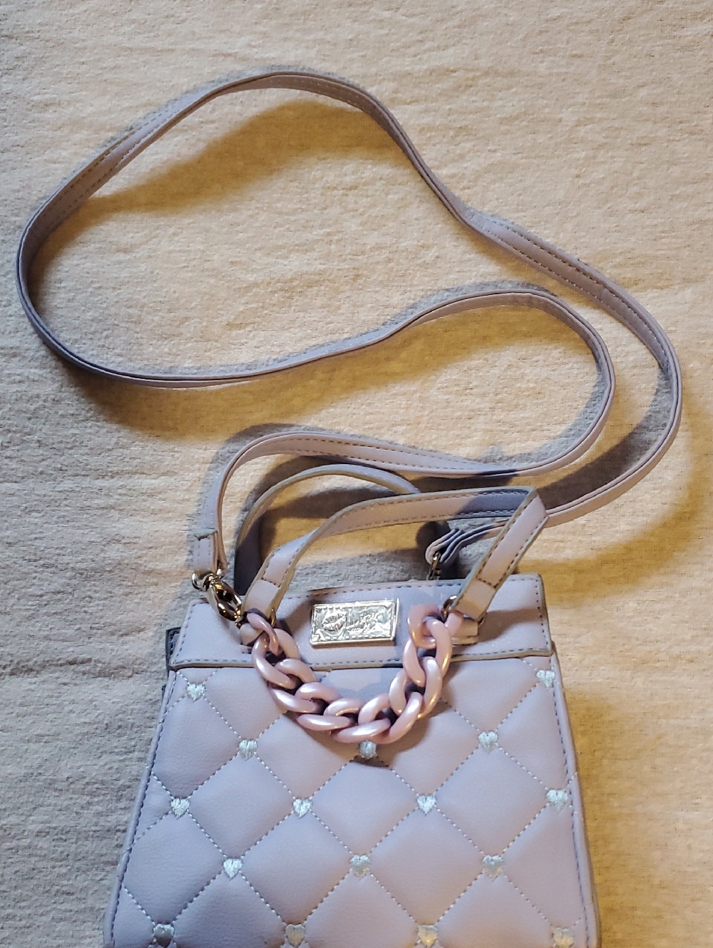 Betsey Johnson Crossbody Bag Small Quilted Lavender Heart Embroidery with Chain